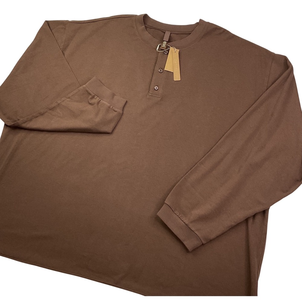 SKIMS Henley Tee Men 4X Mud Brown Long Sleeve Jersey Lounge Relaxed Fit NWT